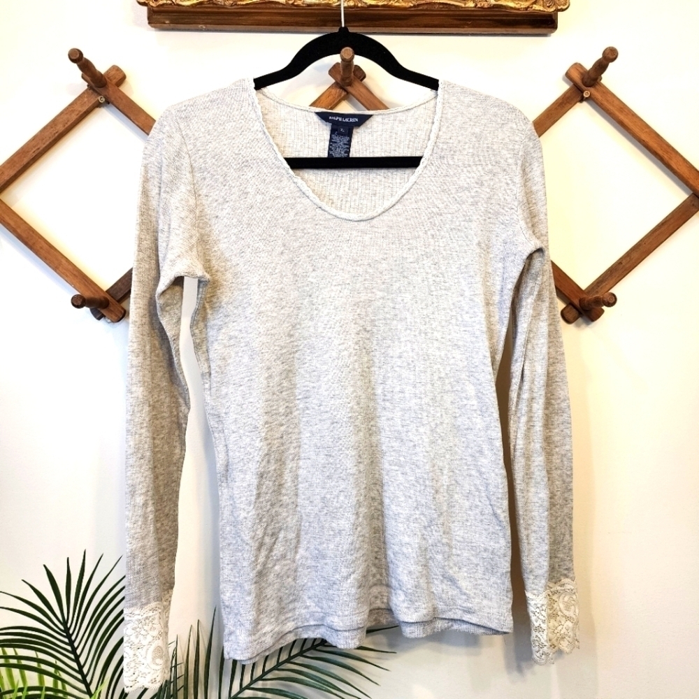 Ralph Lauren Thermal Long Sleeve Lace Top Womens XL Cream Henley  Preppy Y2K